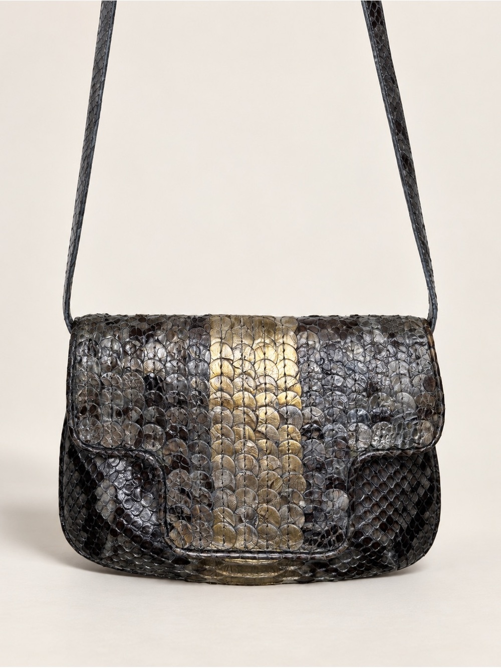 Nancy Gonzalez Genuine Python Metallic Gold Gray Crossbody Shoulder Bag